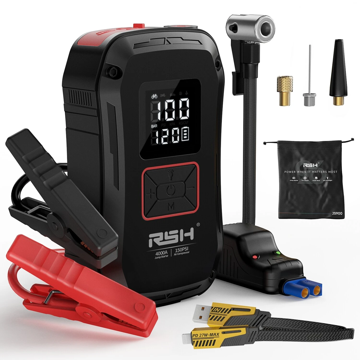 RSH Car Battery Jump Starter with Air Compressor 4000A Car Battery Booster Fast Charging 150PSI Portable Power Pack Jump Box with LED Flashlight for Gas Diesel Engine Vehicles — image 1