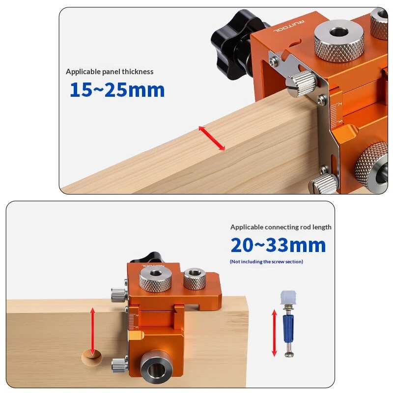 RUITOOL 3-in-1 Woodworking Drill Jig Aluminum Alloy 6061 Adjustable Board Thickness 15-25mm Connector Rod Length 20-33mm Hole Sizes 8mm 12mm 15mm Wood Joinery Tool — view 5
