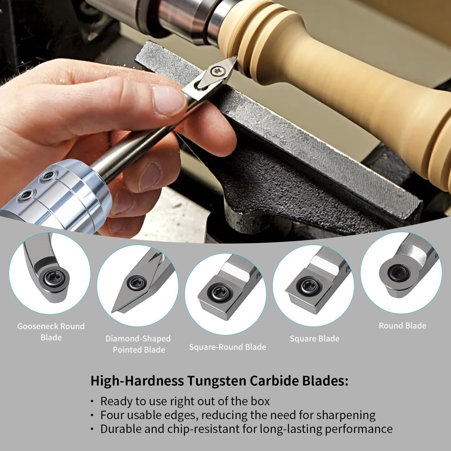 RUITOOL Professional Carbide Wood Lathe Tools Set 5 Tips Bowl Sander 50 Sanding Discs Extended Handle CNC Steel Shaft Aluminum Handles Woodturning Mandrels Adjustable Anti Slip Grip — view 2