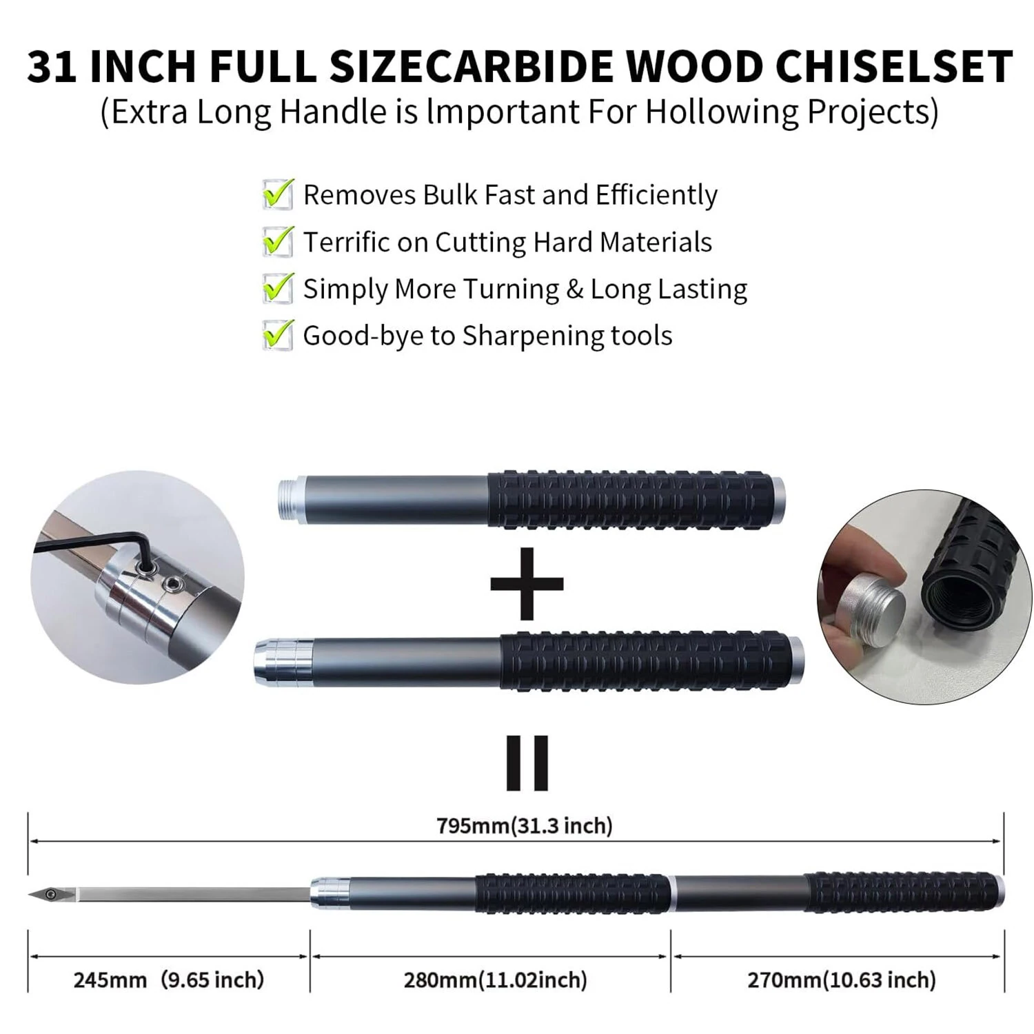 RUITOOL Professional Carbide Wood Lathe Tools Set 5 Tips Bowl Sander 50 Sanding Discs Extended Handle CNC Steel Shaft Aluminum Handles Woodturning Mandrels Adjustable Anti Slip Grip — view 3