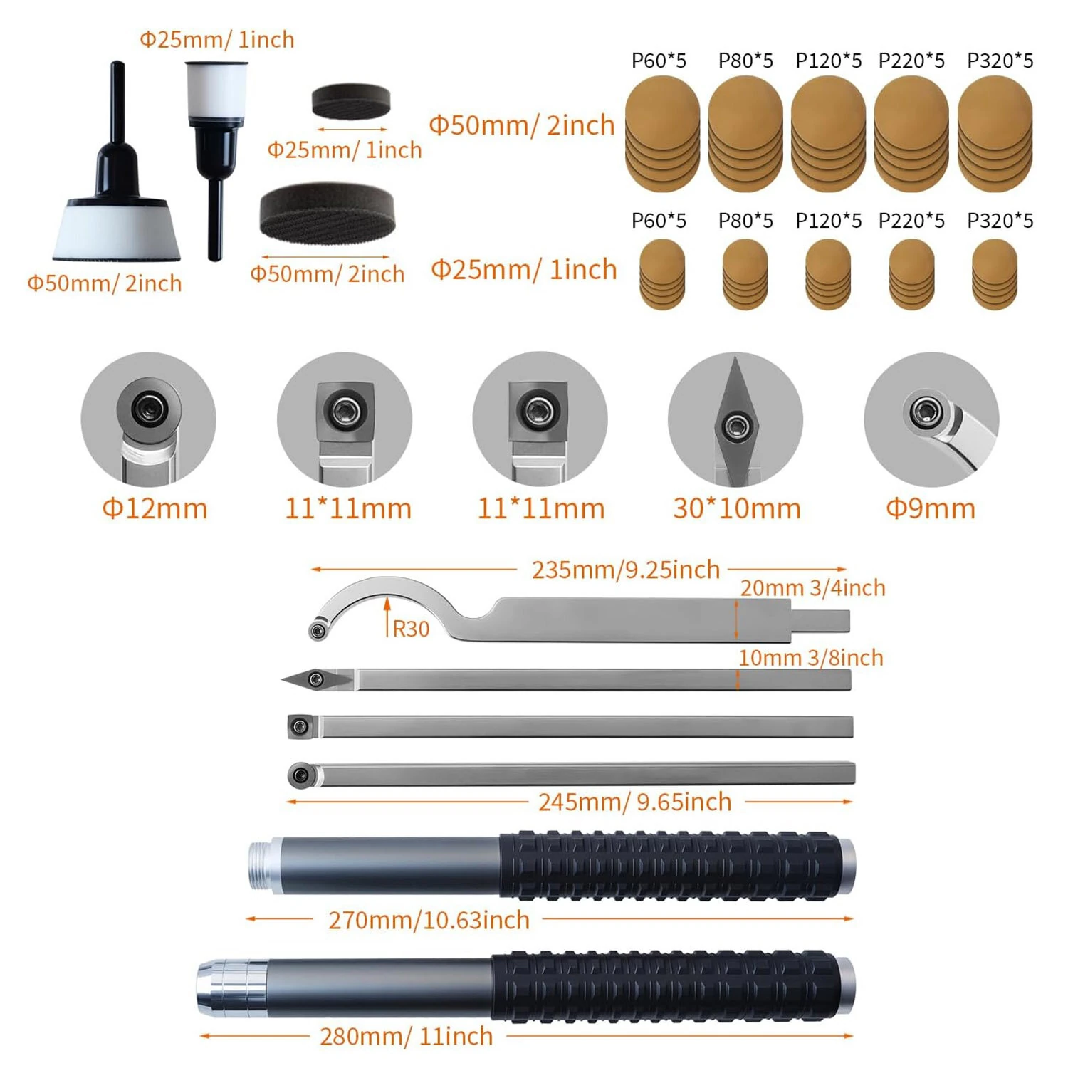 RUITOOL Professional Carbide Wood Lathe Tools Set 5 Tips Bowl Sander 50 Sanding Discs Extended Handle CNC Steel Shaft Aluminum Handles Woodturning Mandrels Adjustable Anti Slip Grip — view 4
