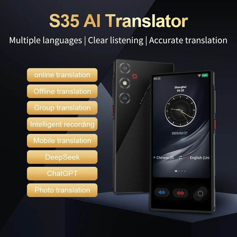 S35 AI Translator 148 Languages 19 Offline Photo Translation Real Time Voice Two Way ChatGPT DeepSeek Portable Travel Translation Device — view 6