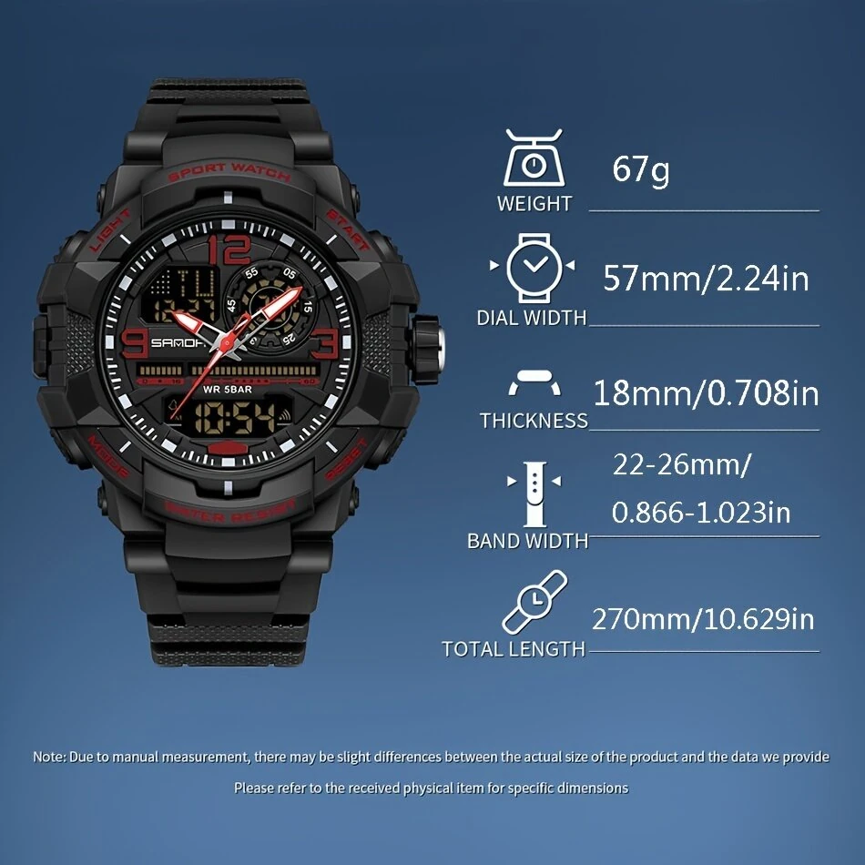 SANDA Men's Dual Display Sports Digital Watches Alarm Clock Day Weeks Multi-functional Luminous Wrist Watch — view 3