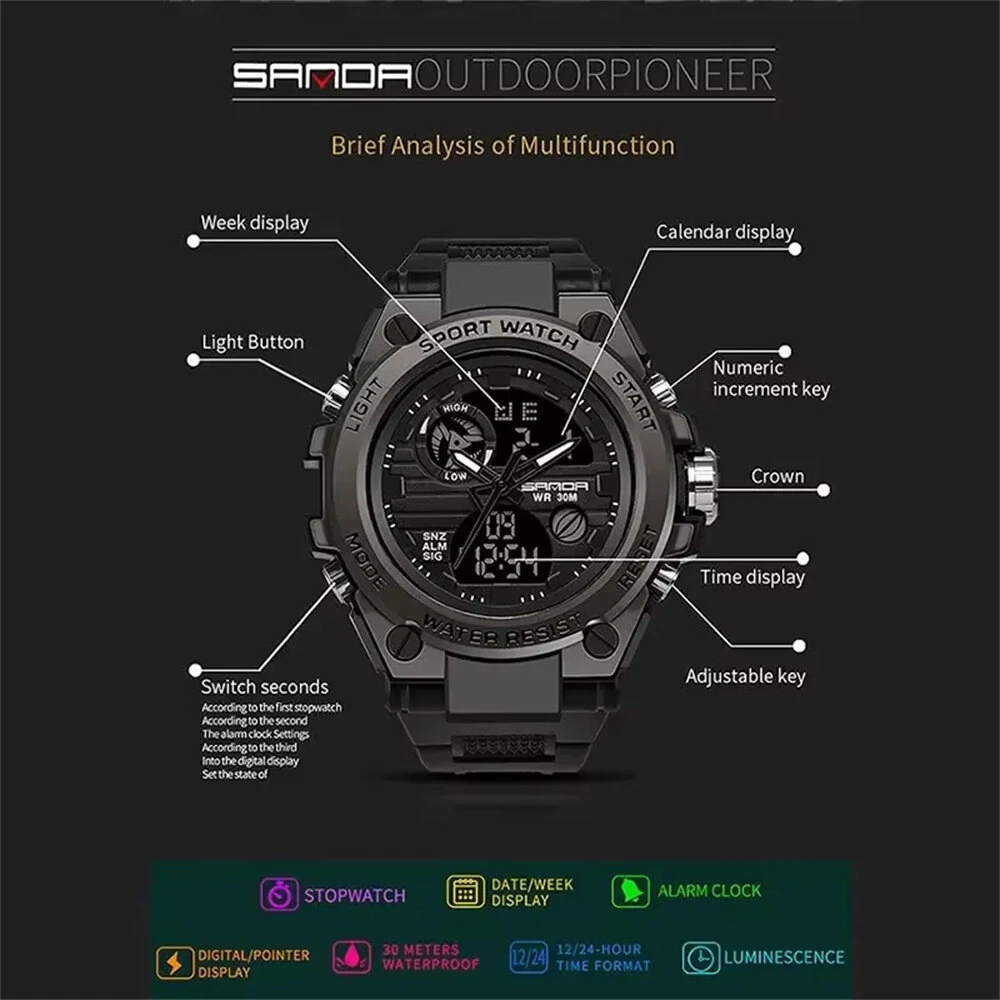 SANDA Men's Sport Dual Display Watch Outdoor Waterproof Luminous Date Week Multifunctional Digital Wristwatch — view 3