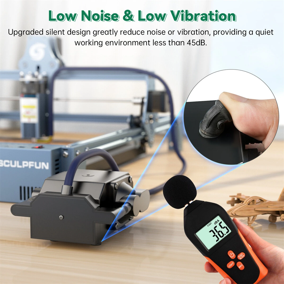 SCULPFUN AP-FC Air Assist Pump 30L/min Low Noise Adjustable Airflow for Laser Engraver Cutting Machine Cleaner Cuts Faster Engraving — view 5