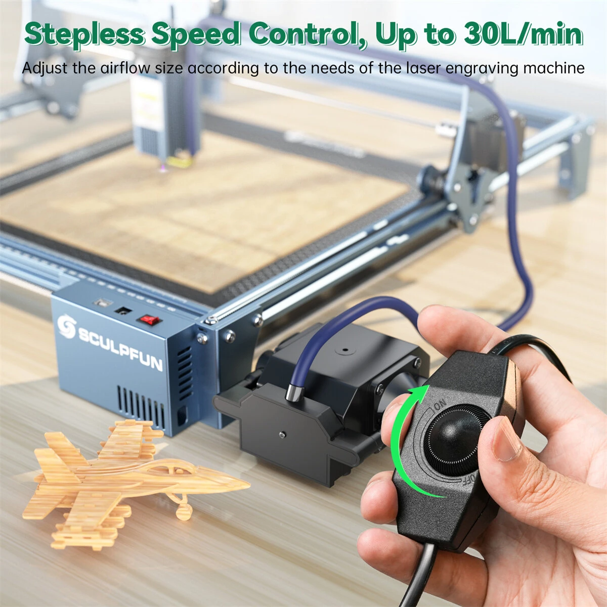 SCULPFUN AP-FC Air Assist Pump 30L/min Low Noise Adjustable Airflow for Laser Engraver Cutting Machine Cleaner Cuts Faster Engraving — view 6