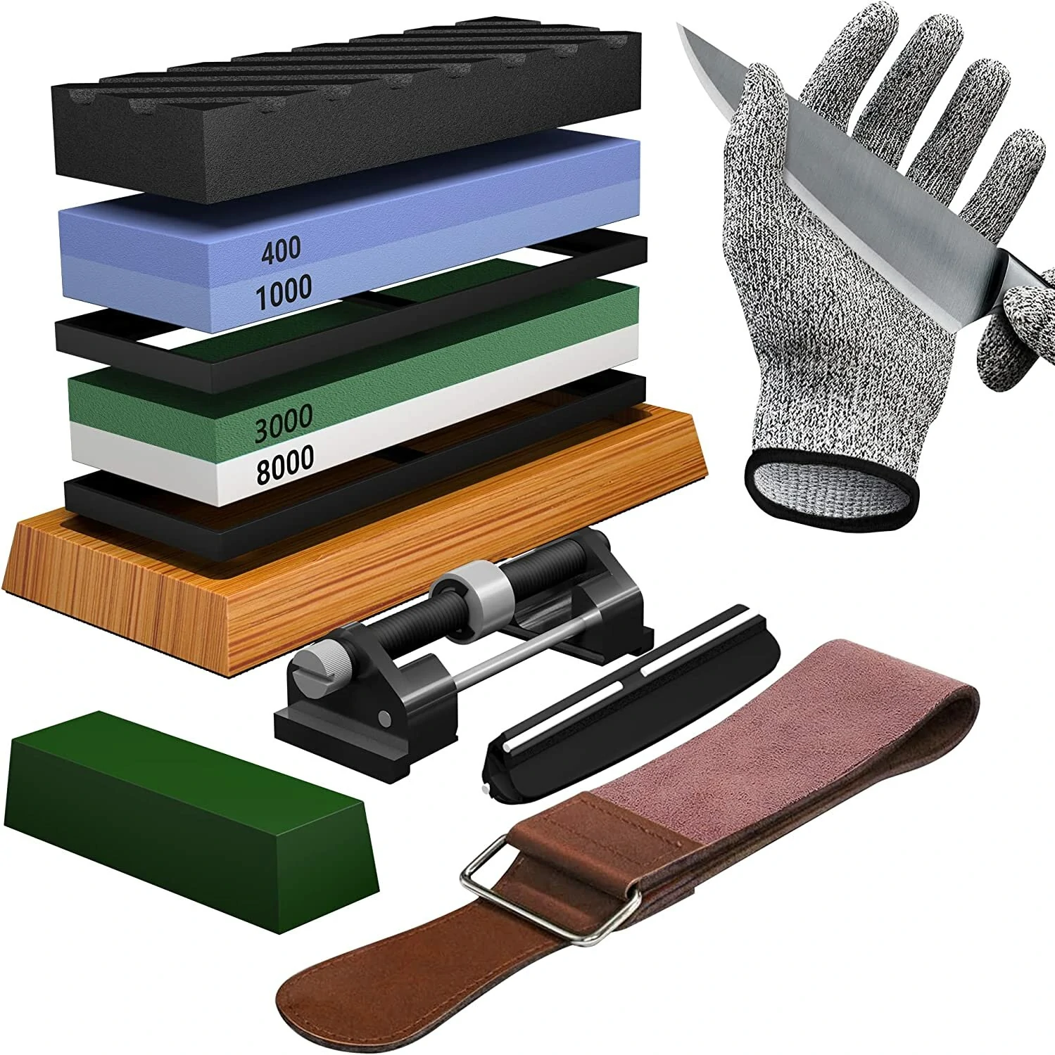 Sharpening Stone Set Premium 4 Side Grit 400/1000 3000/8000 Whetstone Sharpener Non-Slip Base Honing Guide Angle Guide Flatting Stone — view 3