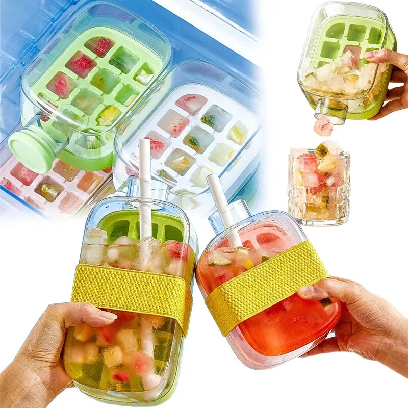 Silicone One-click Ice Mold Bottle Cooler Cup with Straw Ice Cube Tray with Lid for Freezer Creative No Touch Mould for Summer — view 4