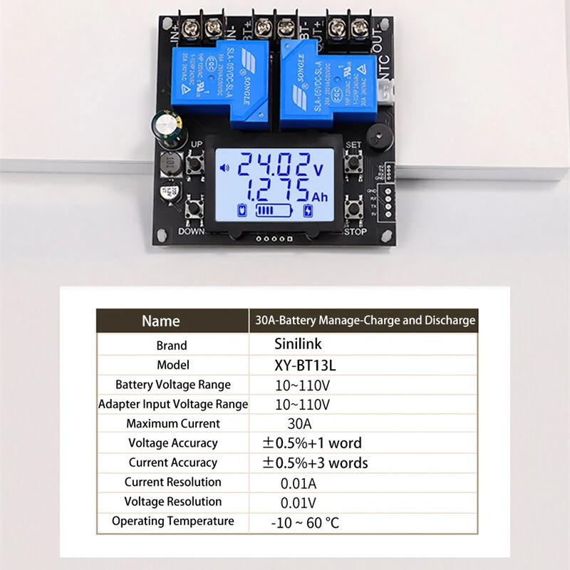 Sinilink Coulombmeter Battery Charge Discharge Module BT11L/BT13L/BT11 10V-110V 10A Lithium Battery Management High Accuracy Voltage Current Monitoring Stable Operation — view 2