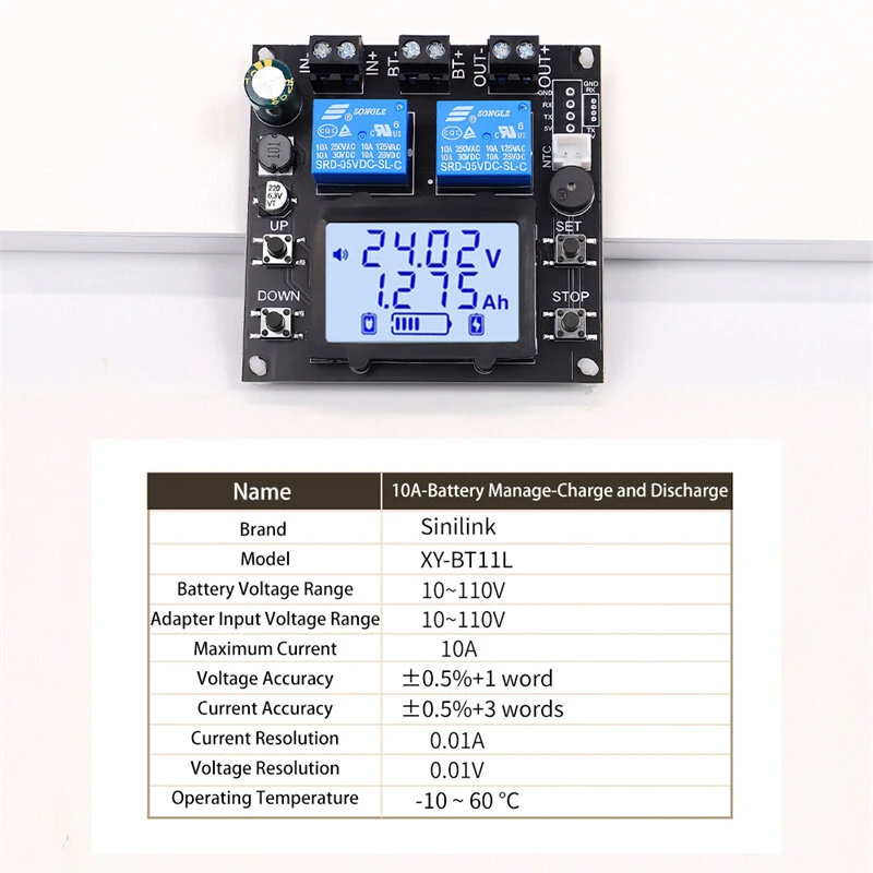 Sinilink Coulombmeter Battery Charge Discharge Module BT11L/BT13L/BT11 10V-110V 10A Lithium Battery Management High Accuracy Voltage Current Monitoring Stable Operation — view 4