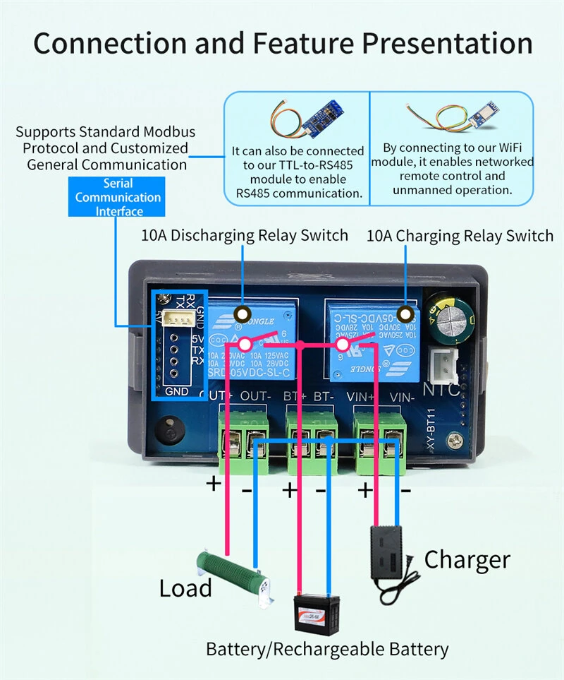 Sinilink Coulombmeter Battery Charge Discharge Module BT11L/BT13L/BT11 10V-110V 10A Lithium Battery Management High Accuracy Voltage Current Monitoring Stable Operation — view 6