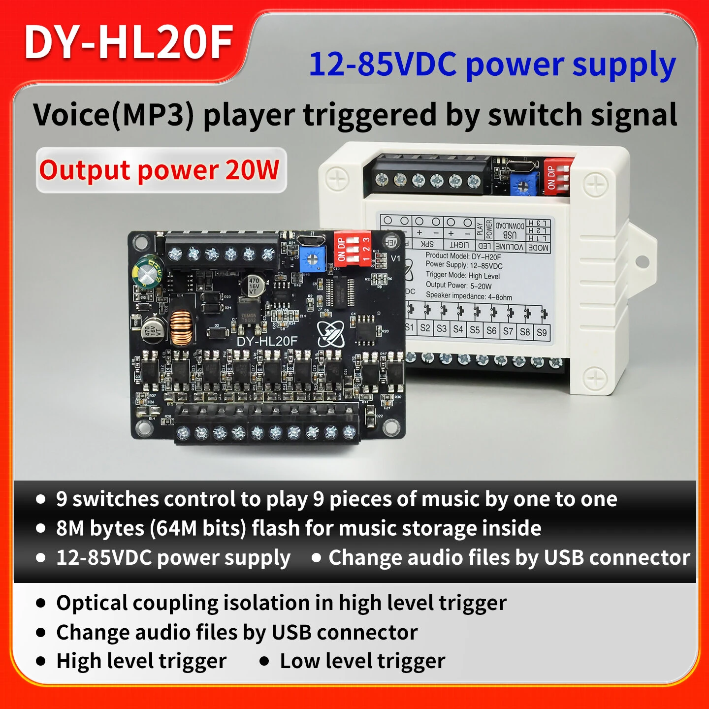 Sinilink HL20F MP3 WAV Audio Player Module DC 12-85V 20W Output One-to-One Trigger Class D Amplifier Custom Audio — view 3