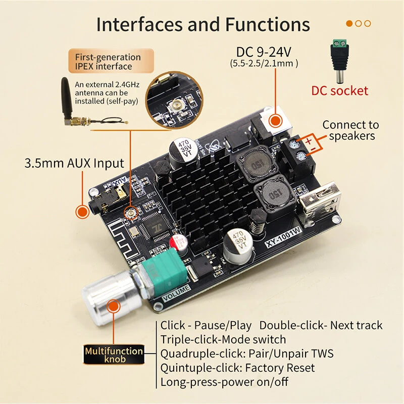 Sinilink XY-1001W TWS bluetooth 5.3 Amplifier Board Mono 100W TPA3116D2 AUX USB Stereo Pairing Audio Module — view 4