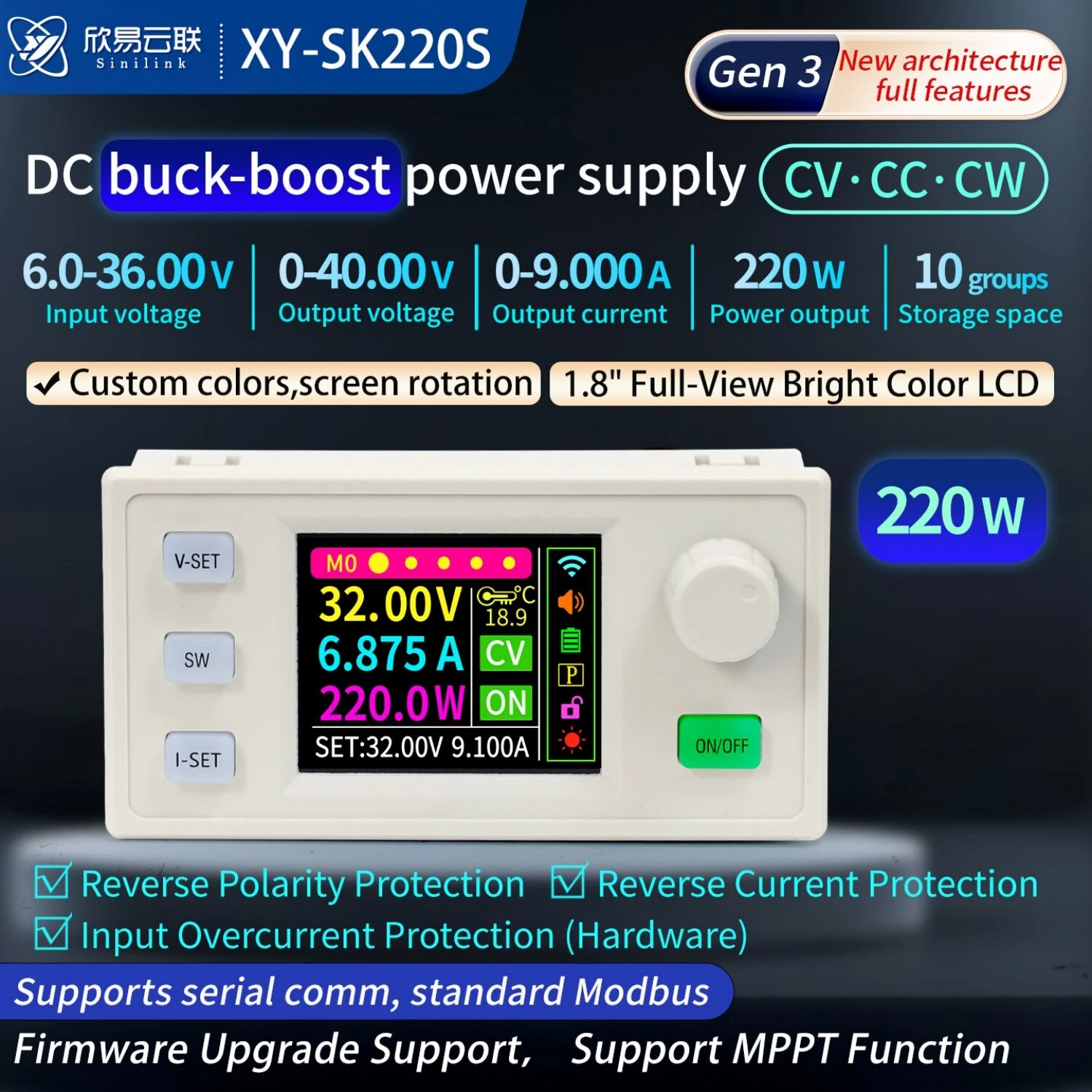 Sinilink XY-SK220S CNC DC Buck Boost Power Supply Module 9A 220W Constant Voltage Current MPPT Solar Charging High-Precision with 1.8 Inch LCD Display — view 4