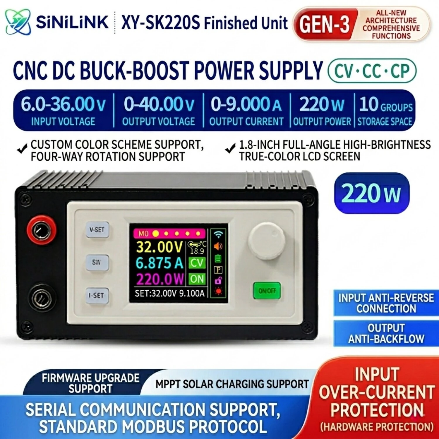 Sinilink XY-SK220S CNC DC Buck Boost Power Supply Module 9A 220W Constant Voltage Current MPPT Solar Charging High-Precision with 1.8 Inch LCD Display — view 5