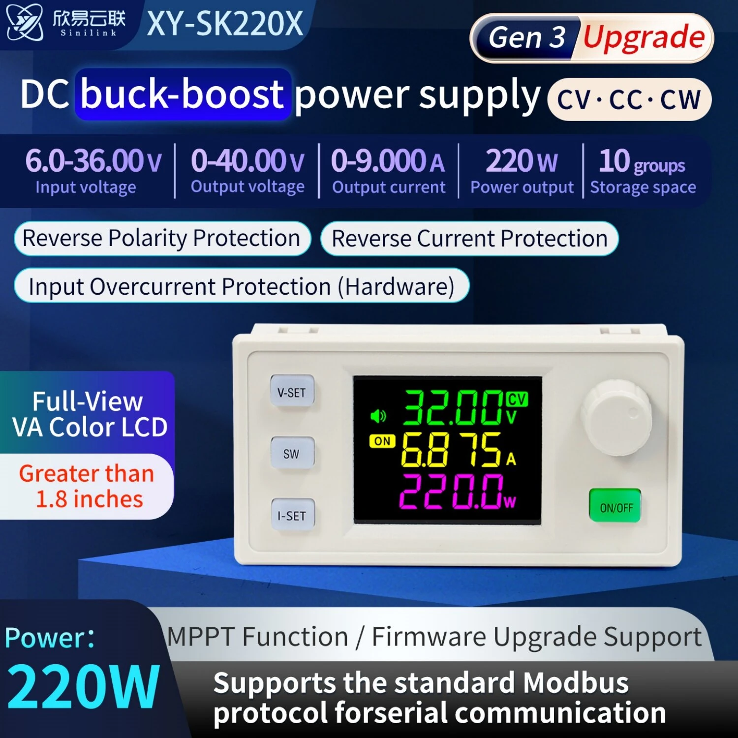 Sinilink XY-SK220X DC Buck Boost Power Supply Module 9A 220W MPPT Solar Charging CV/CC/CW Output with 1.8 Inch LCD Display — view 2