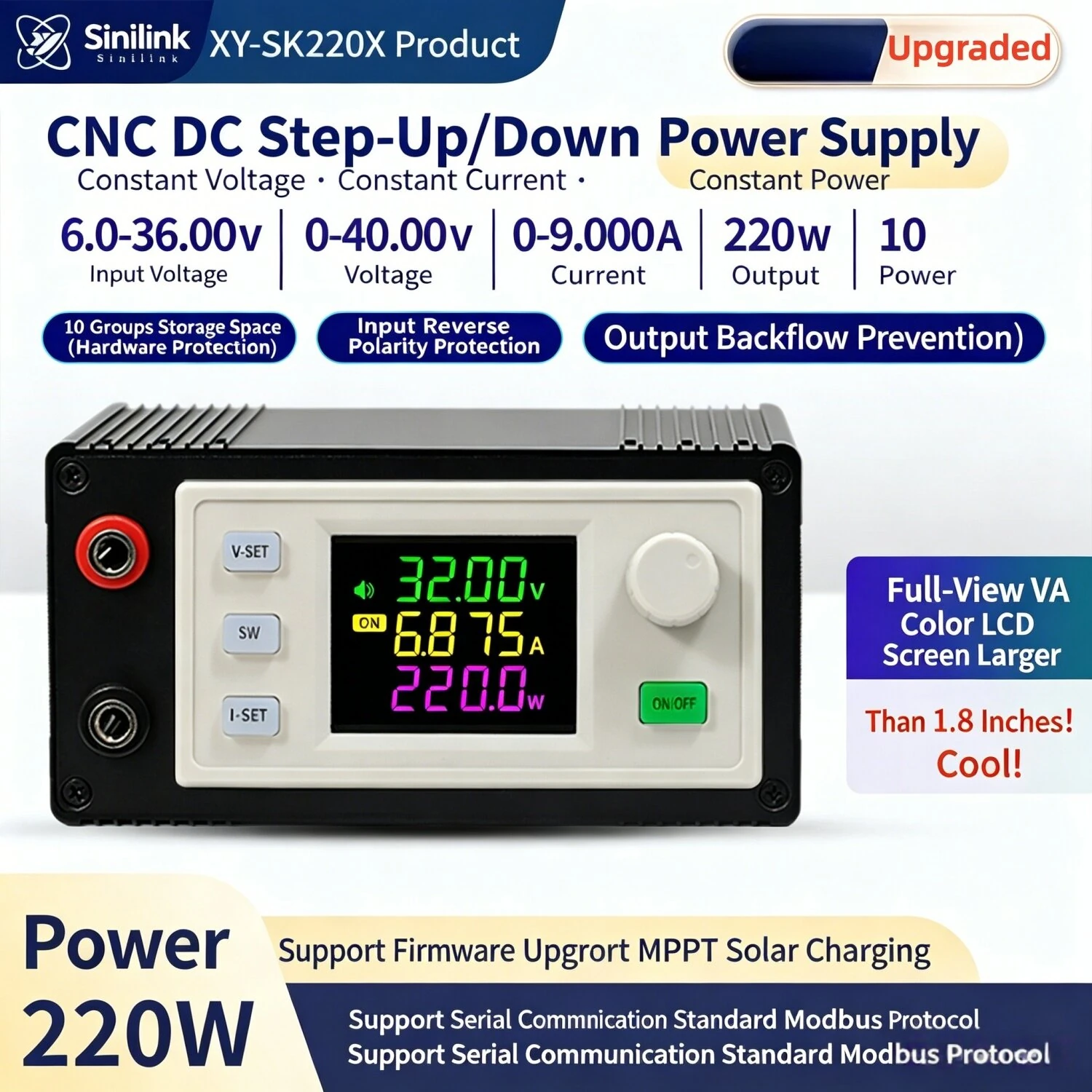 Sinilink XY-SK220X DC Buck Boost Power Supply Module 9A 220W MPPT Solar Charging CV/CC/CW Output with 1.8 Inch LCD Display — view 3