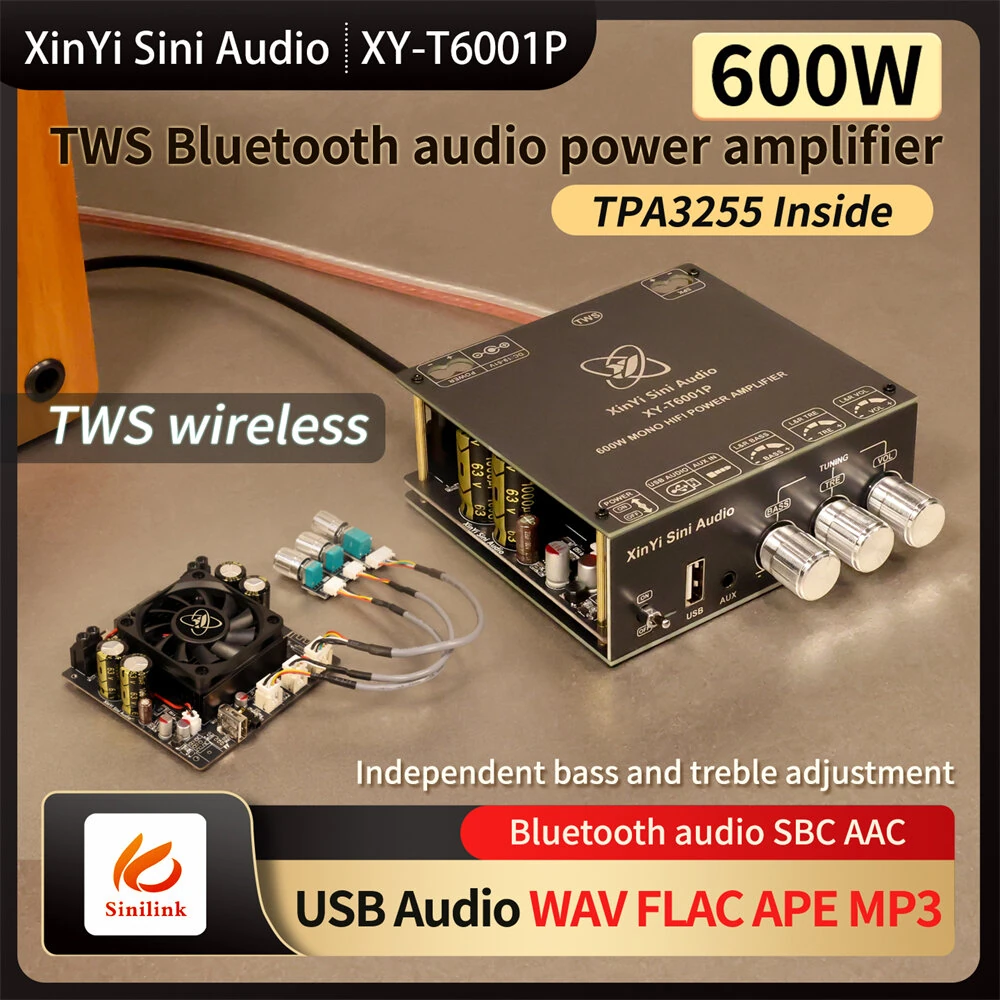 Sinilink XY-T6001P 600W Mono Audio Amplifier Board TPA3255 TWS Bluetooth AUX USB WAV FLAC MP3 Wireless Speaker Compatible — view 2