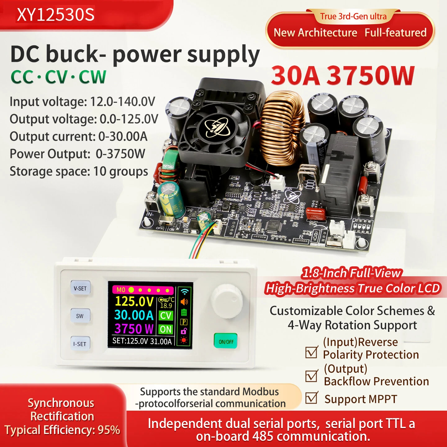 Sinilink XY12530S DC Buck Power Supply Adjustable Module 3750W 125V 30A High Precision Efficient MPPT Solar Charging True Color LCD Display Reliable Voltage Current Control — view 6