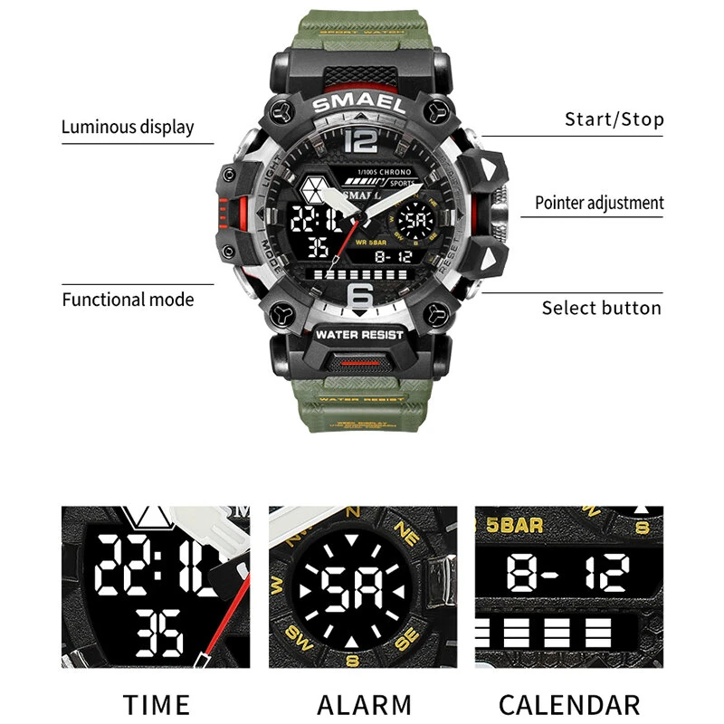 SMAEL Men LED Luminous Waterproof Sports Digital Dual Display Watch Multifunctional Outdoor Calendar Alarm Watch — view 4