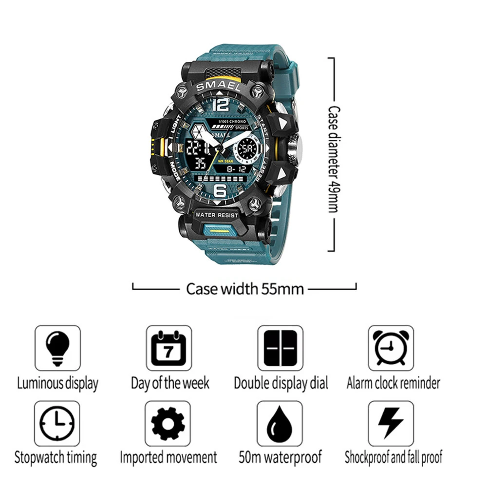 SMAEL Men LED Luminous Waterproof Sports Digital Dual Display Watch Multifunctional Outdoor Calendar Alarm Watch — view 6