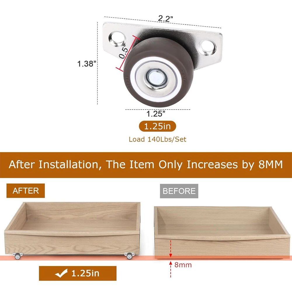 Small Side Mount Caster Wheels 1.25 Inch Set of 4 Rubber Wheels Rigid Casters Furniture Rollers Underbed Drawers DIY Project Non-Marking Smooth Glide 140 LBS Capacity — view 2