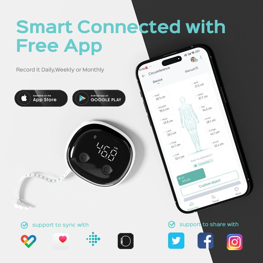 Smart Digital Body Tape Measure bluetooth Rechargeable 1.5m 60inch High Precision 0.1cm App Sync Multiple Users Fitness Weights Loss Muscle Gain Pregnancys Tracking Tools — view 4