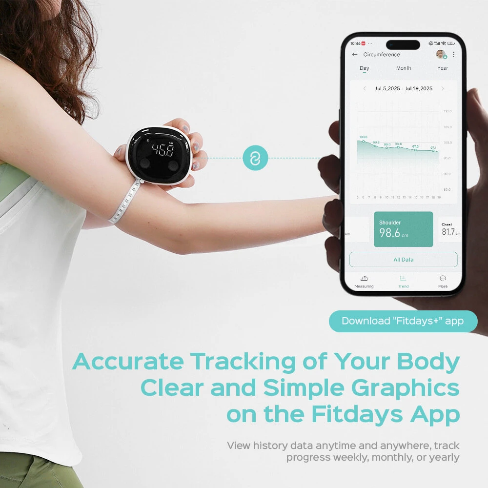 Smart Digital Body Tape Measure bluetooth Rechargeable 1.5m 60inch High Precision 0.1cm App Sync Multiple Users Fitness Weights Loss Muscle Gain Pregnancys Tracking Tools — view 5