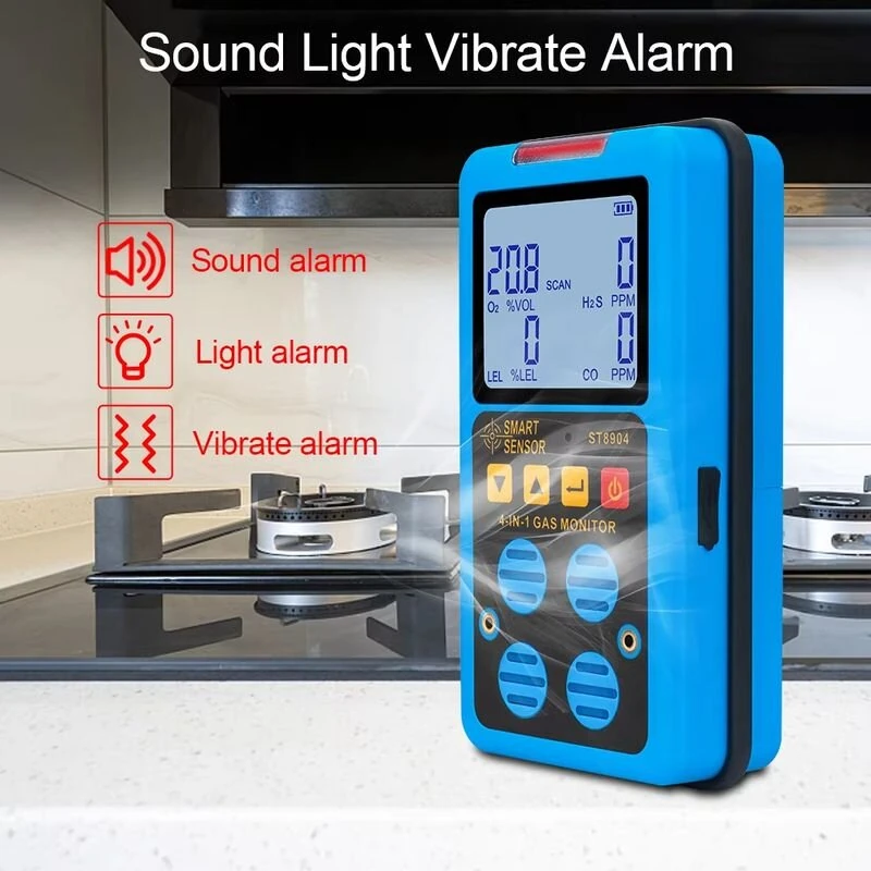 SMART SENSOR ST8904 4-in-1 Gas Detector Hydrogen Sulfide H2S Carbon Monoxide CO Oxygen O2 Combustible Gas LEL Monitor Rechargeable LCD Display Industrial Safety Analyzer — view 2