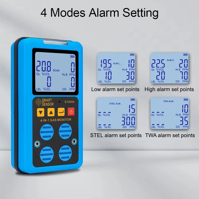 SMART SENSOR ST8904 4-in-1 Gas Detector Hydrogen Sulfide H2S Carbon Monoxide CO Oxygen O2 Combustible Gas LEL Monitor Rechargeable LCD Display Industrial Safety Analyzer — view 3