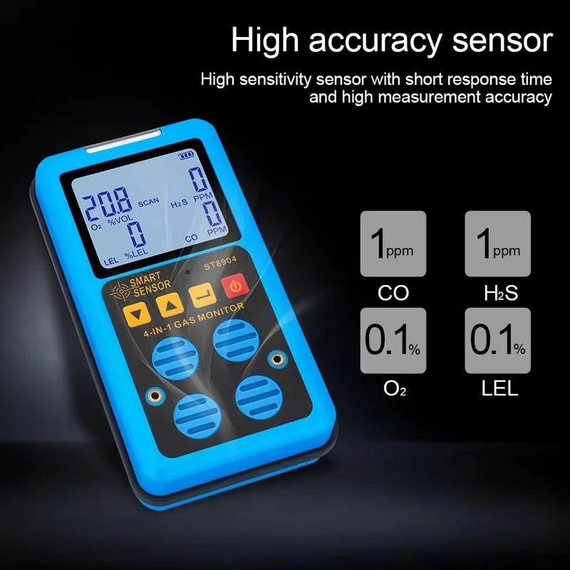 SMART SENSOR ST8904 4-in-1 Gas Detector Hydrogen Sulfide H2S Carbon Monoxide CO Oxygen O2 Combustible Gas LEL Monitor Rechargeable LCD Display Industrial Safety Analyzer — view 4