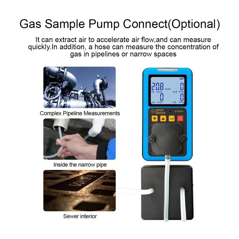 SMART SENSOR ST8904 4-in-1 Gas Detector Hydrogen Sulfide H2S Carbon Monoxide CO Oxygen O2 Combustible Gas LEL Monitor Rechargeable LCD Display Industrial Safety Analyzer — view 5
