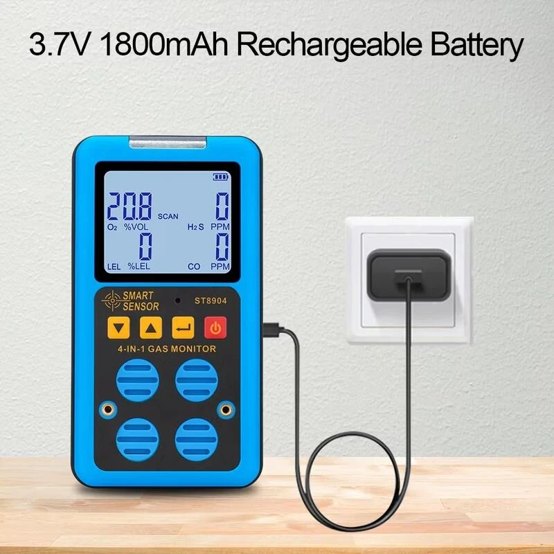 SMART SENSOR ST8904 4-in-1 Gas Detector Hydrogen Sulfide H2S Carbon Monoxide CO Oxygen O2 Combustible Gas LEL Monitor Rechargeable LCD Display Industrial Safety Analyzer — view 6
