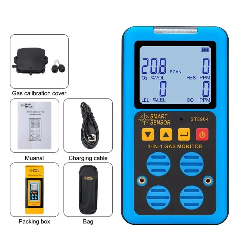 SMART SENSOR ST8904 4-in-1 Gas Detector Hydrogen Sulfide H2S Carbon Monoxide CO Oxygen O2 Combustible Gas LEL Monitor Rechargeable LCD Display Industrial Safety Analyzer — view 7