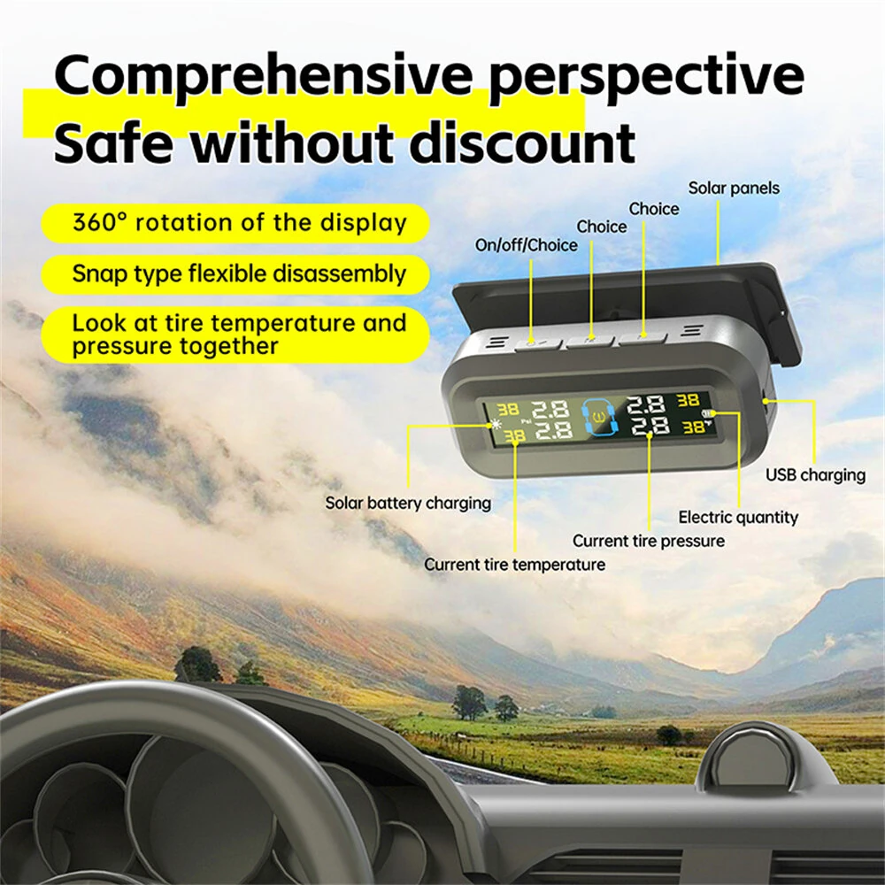Smart TPMS Car Tire Pressure Alarm Monitor System 4 External Sensors Display Solar Intelligent Tyre Pressure Temperature Warning — view 2