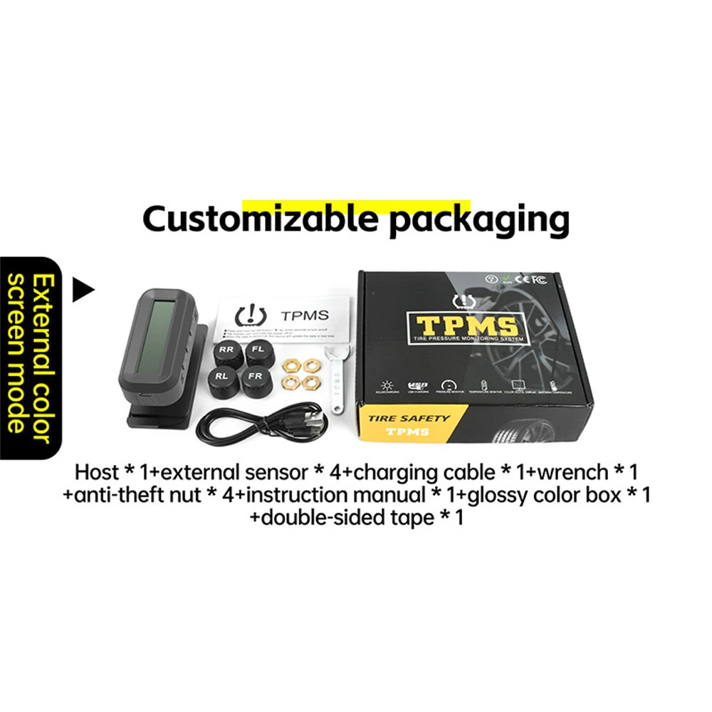 Smart TPMS Car Tire Pressure Alarm Monitor System 4 External Sensors Display Solar Intelligent Tyre Pressure Temperature Warning — view 4