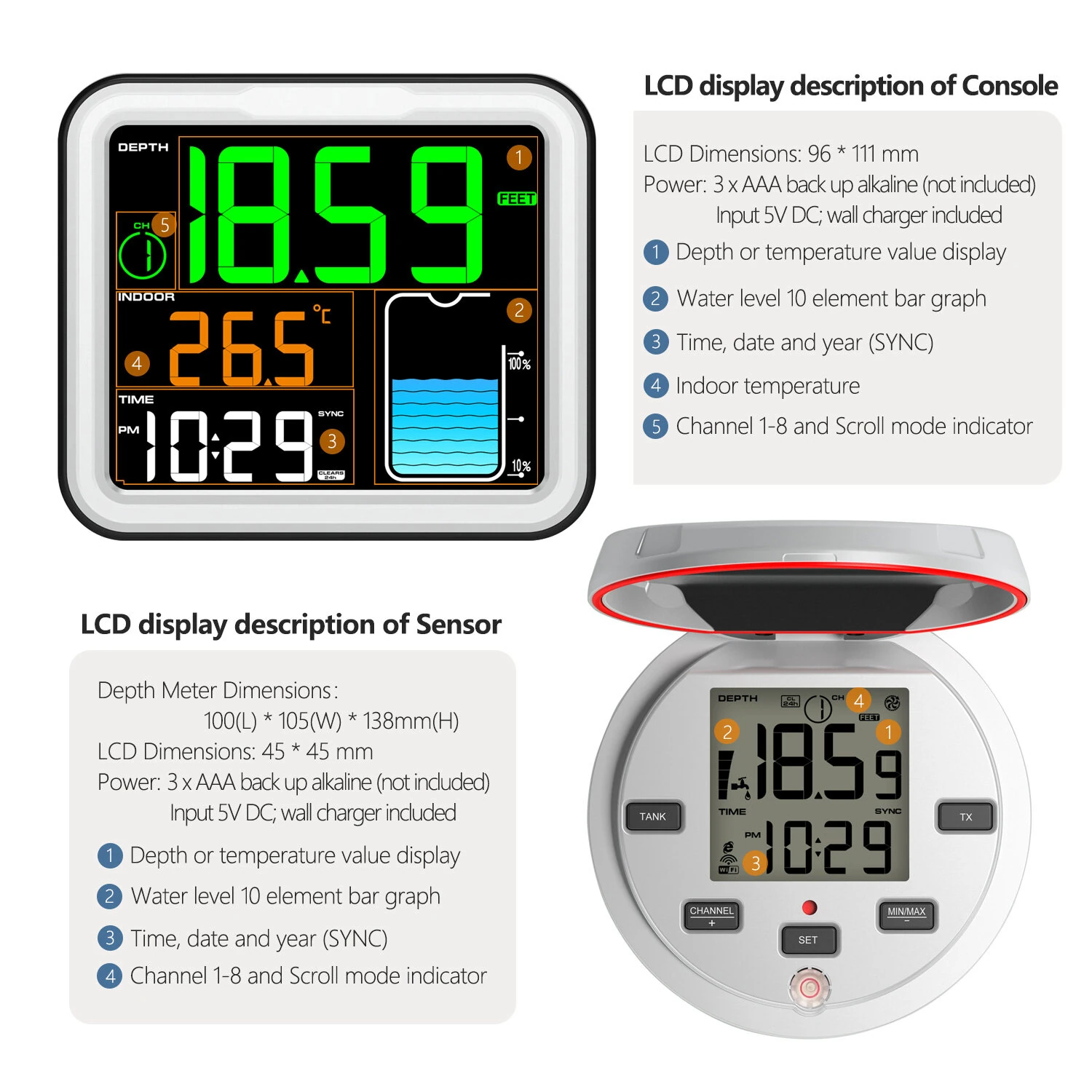 Smart Ultrasonic Water Tank Level Monitor Real Time Depth Temperature Sensor 0-5m Accuracy 0.03m Wireless Signal 500ft Multi Channel LCD Display for Home and Agriculture Tracking — view 5