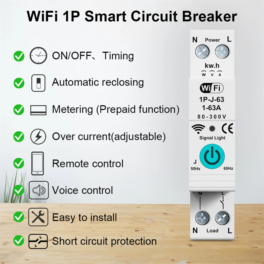 Smart WiFi Circuit Breaker with Remote Control Voice Activation Adjustable Over Current Protection Energy Metering Easy Installation for Efficient Home Power Management — view 3