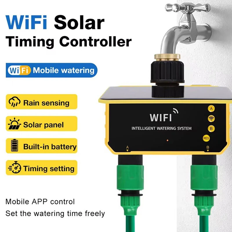 Smart WiFi Solar Irrigation Controller Dual Outlet Automatic Watering Timer Rain Sensor App Remote Control Garden Lawn Pool Sprinkler System 2CH IPX5 — view 2