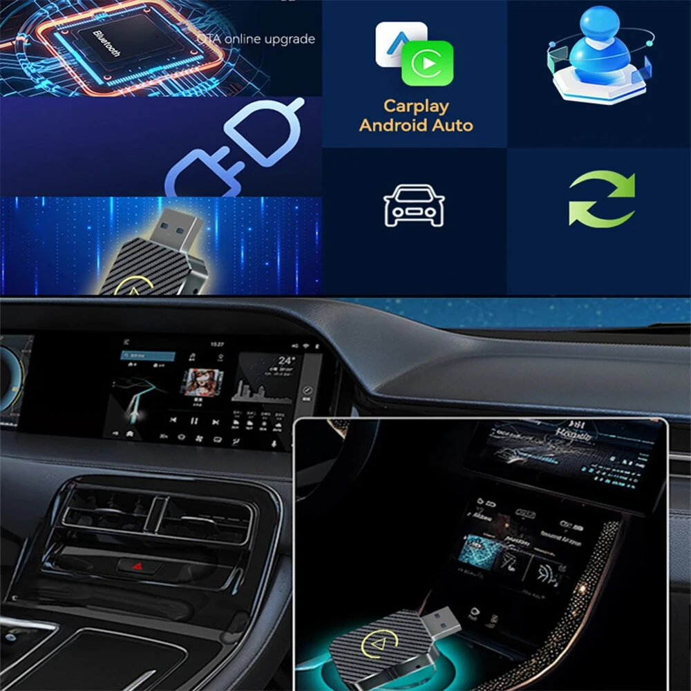 Smart Wireless Carplay Android Auto Adapter AI Box Dongle Plug&Play Wireless to Wired for Cars — view 2
