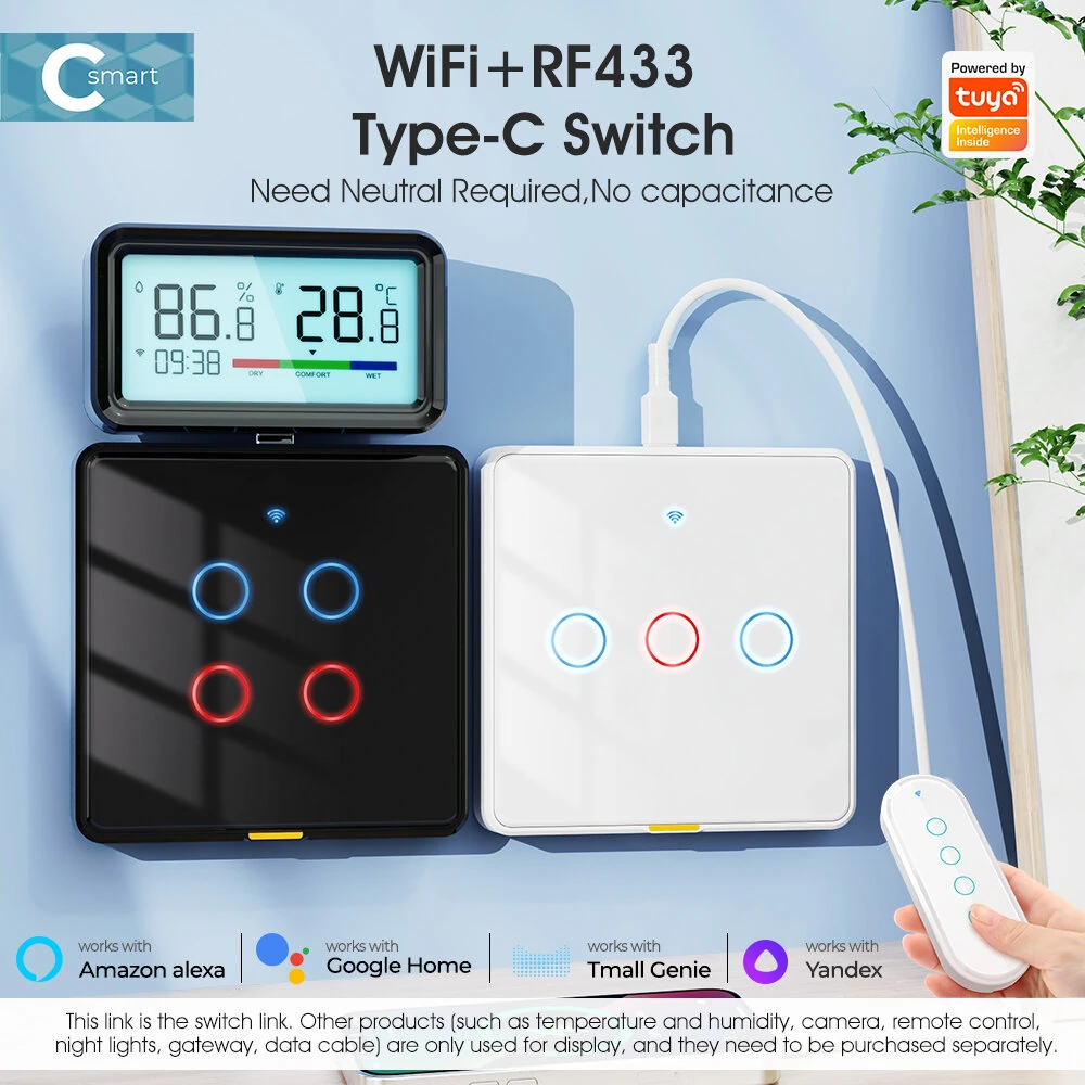 SMATRUL Tuya Wireless WiFi RF433 Smart Home Wall-mounted Light Switch Touch Panel Control Switches Timing Function Remote APP Control Voice Control with Alexa Google Assistant Yandex Tmall Genie — view 2