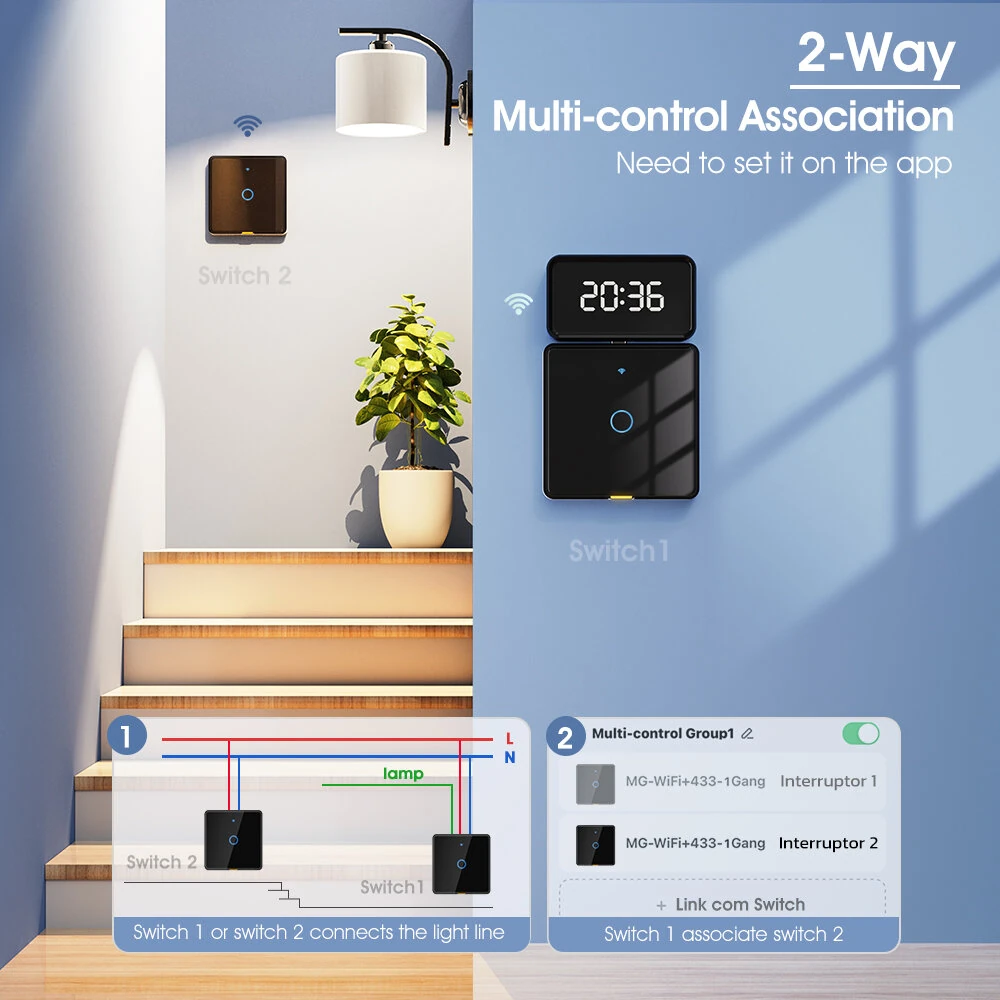 SMATRUL Tuya Wireless WiFi RF433 Smart Home Wall-mounted Light Switch Touch Panel Control Switches Timing Function Remote APP Control Voice Control with Alexa Google Assistant Yandex Tmall Genie — view 5