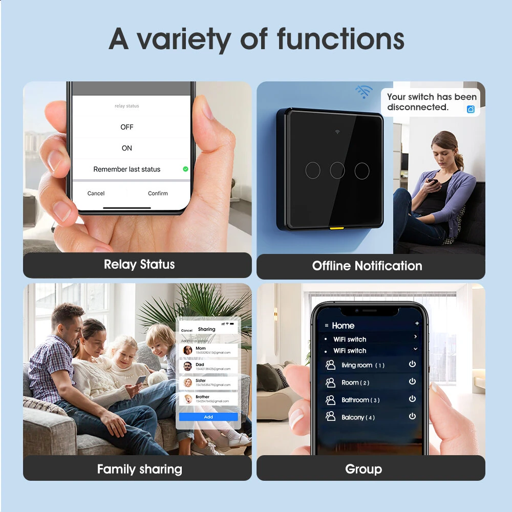 SMATRUL Tuya Wireless WiFi RF433 Smart Home Wall-mounted Light Switch Touch Panel Control Switches Timing Function Remote APP Control Voice Control with Alexa Google Assistant Yandex Tmall Genie — view 7