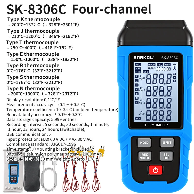 SNAKOL SK-8306A SK-8306B SK-8306C Digital Thermocouple Thermometer 1/2/4 Channel High Precision Temperature Data Logger With 5999 Records USB Interface Supports K/J/T/E/R/S/N Types — view 10