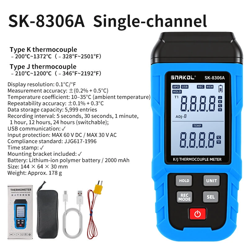SNAKOL SK-8306A SK-8306B SK-8306C Digital Thermocouple Thermometer 1/2/4 Channel High Precision Temperature Data Logger With 5999 Records USB Interface Supports K/J/T/E/R/S/N Types — view 8