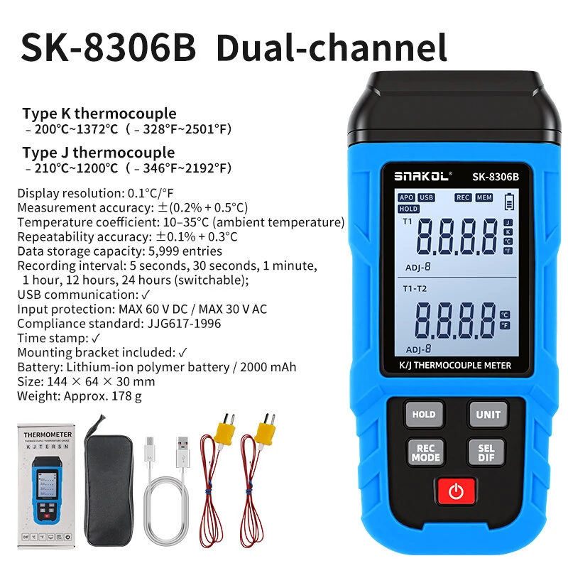 SNAKOL SK-8306A SK-8306B SK-8306C Digital Thermocouple Thermometer 1/2/4 Channel High Precision Temperature Data Logger With 5999 Records USB Interface Supports K/J/T/E/R/S/N Types — view 9