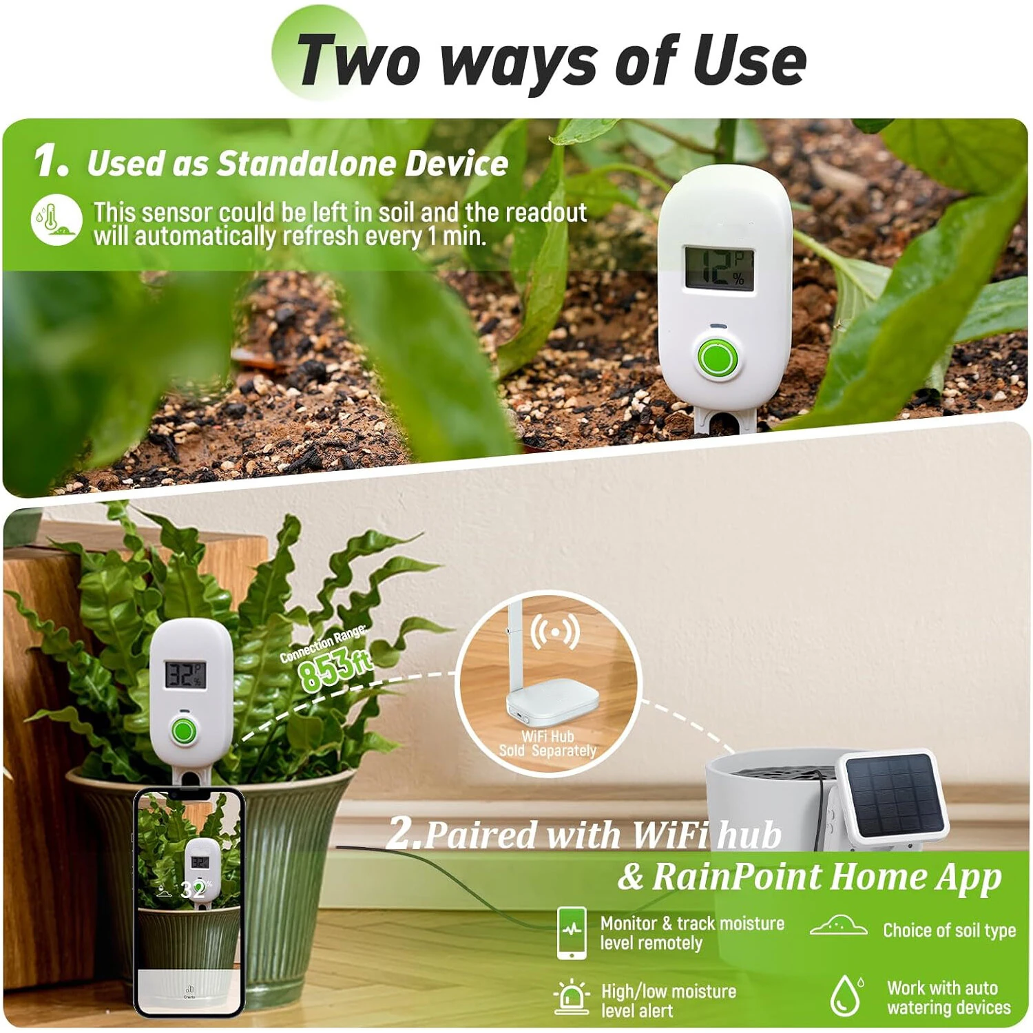 Soil Moisture Meter Wifi Smart Monitor Moisture Level Alert Notification Garden Care Planting Humidity Meter — view 4