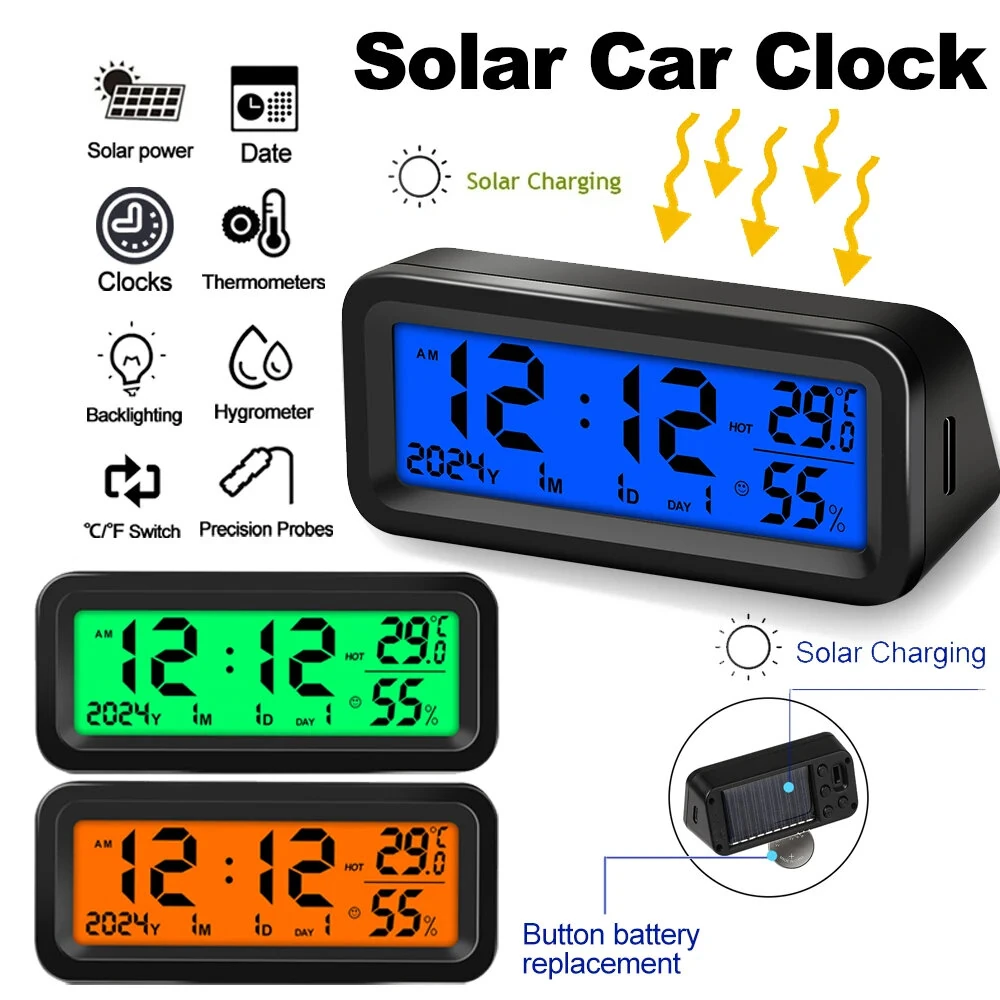 Solar Car Digital Clock Date Week Temperature Humidity LCD Backlit Display for Dashboard Car Clock Automobiles Internal Stick-On — view 10