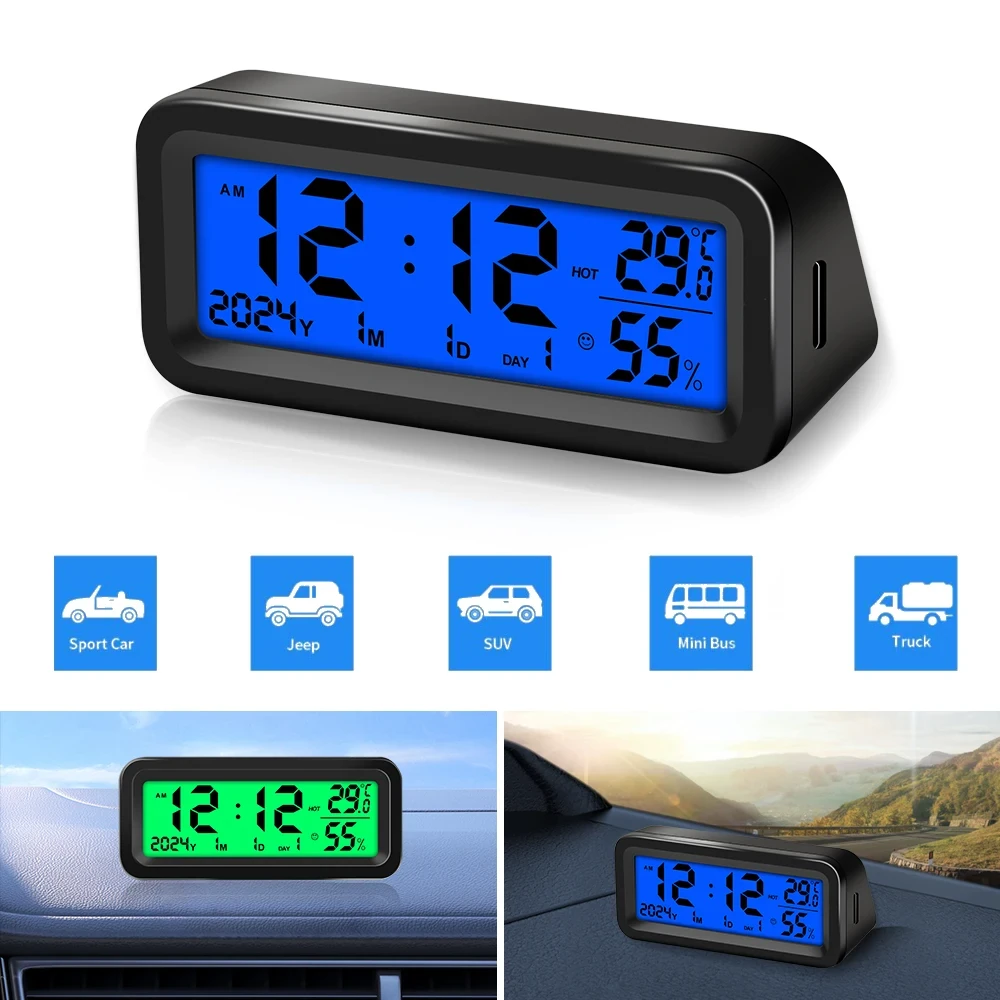 Solar Car Digital Clock Date Week Temperature Humidity LCD Backlit Display for Dashboard Car Clock Automobiles Internal Stick-On — view 2