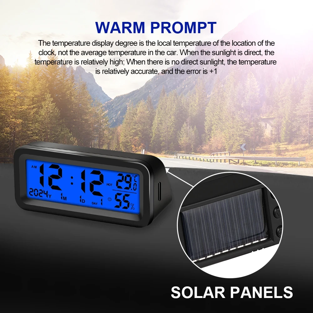 Solar Car Digital Clock Date Week Temperature Humidity LCD Backlit Display for Dashboard Car Clock Automobiles Internal Stick-On — view 3